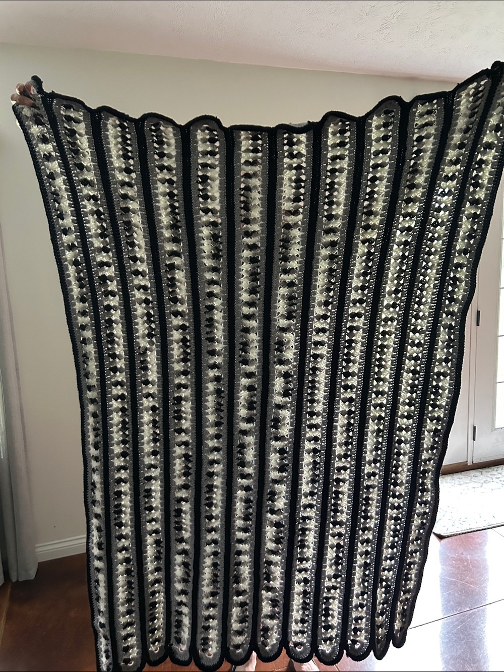 Handmade Crocheted black/gray/white afghan with scalloped edge 58 x 42 in